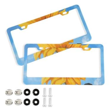 Imagem de CEBUGI Pacote com 2 molduras para placa de carro de alumínio com 2 furos girassol acessórios automotivos para placas dianteiras e traseiras orifício elíptico