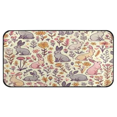 Imagem de Burbuja Tapete de cozinha Bunny Wildflowers 51 x 99 cm, tapete lavável antiderrapante com suporte de borracha, tapete para cozinha, sala de estar, banheiro, decoração de casa