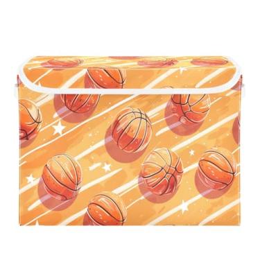 Imagem de YETTASBIN Cesta de armazenamento de basquete com tampa e alças, grandes caixas de armazenamento de tecido dobráveis organizador de armazenamento resistente para prateleiras, armário, quarto, escola
