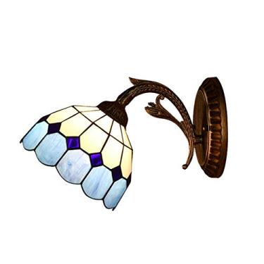 Imagem de Arandela de parede estilo Tiffany mediterrâneo de 20 cm, feita à mão com vitrais azuis, luminária de parede vintage para quarto, cabeceira, sala de estar, corredor e varanda.