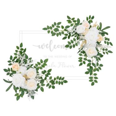 Imagem de Angela flower 2 peças de placa de boas-vindas de luxo champanhe e branco, flores artificiais, decoração de casamento, arranjos florais pendurados para cerimônia, recepção, placa de entrada, mesa de