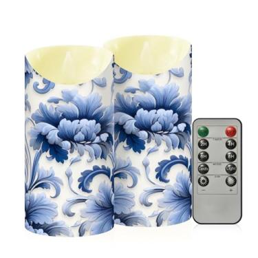 Imagem de Wassud Pacote com 2 velas azuis florais sem chamas com controle remoto, velas realistas cintilantes com temporizador, velas decorativas para Natal, casamento, festa, decoração de casa média