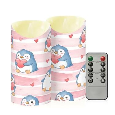 Imagem de Wassud Pacote com 2 velas sem chama com corações de pinguins dos namorados com controle remoto, velas realistas cintilantes com temporizador, velas decorativas para Natal, casamento, festa, decoração