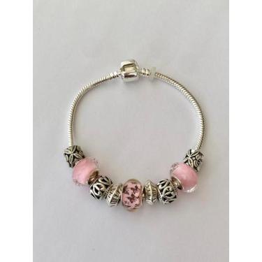 Imagem de Pulseira Feminina com Berloques Banhado a Prata e Murano Rosa - JMH Se