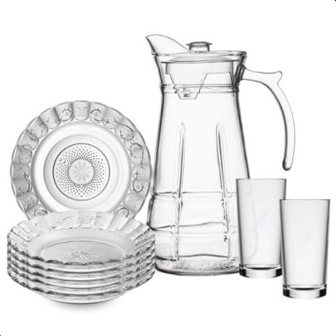 Imagem de Aparelho de Jantar de Vidro Completo – Pratos, Copos 225ml e Jarra (3 Modelos Exclusivos), Design Moderno e Sofisticado para Mesa Posta (Safira)