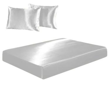 Imagem de Confecções Elba, Jogo De Lençol Casal King Cetim Seda Alto Brilho 3 Peças Cor:Branco