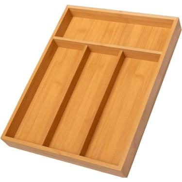 Imagem de Porta Talher Cozinha 4 Compartimentos Marrom Claro - Organizador Gaveta Bambu Divisor Talheres Utensílios Domésticos Sustentável Elegante Durável