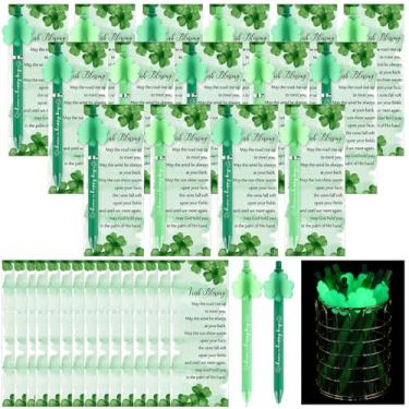 Imagem de Jetec 40 conjuntos de canetas esferográficas de trevo luminosas para o dia de São Patrício, tinta preta, trevo verde, canetas esferográficas com cartões de bênção para festa em casa, escritório