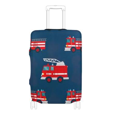 Imagem de Joisal Capa de bagagem de desenho animado vermelho caminhões de bombeiros azul marinho para viagem elástica especial viagem férias essenciais, P, serve para capa de 45 a 50 cm, Caminhões de bombeiros