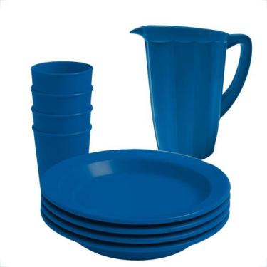Imagem de Kit Reutilizável Jarra Plástica 1,7L + 4 Copos + 4 Pratos P/ Escola Cr