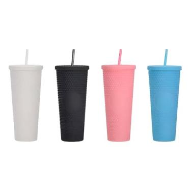 Imagem de Copo com Canudo e Tampa, Plástico, Textura Tátil, 710ml, 18cm Altura, Disponível em Branco, Preto, Rosa e Azul