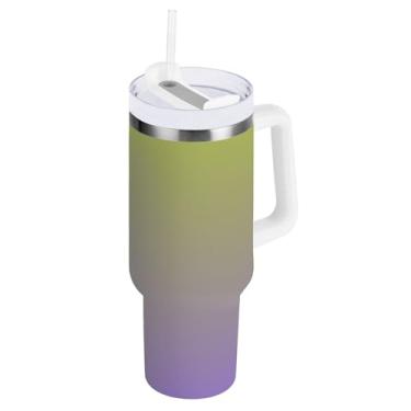 Imagem de Joisal Copo verde abacate gradiente roxo médio com tampa e canudos copo rosa com alça garrafa de água 1,134 g copo de carro de aço inoxidável isolado para quente e frio