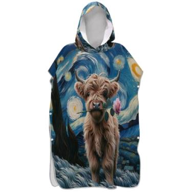 Imagem de Joisal Poncho de surfe trocador de roupão adulto com capuz toalha de natação bonito plus size masculino poncho com capuz vaca highland noite estrelada