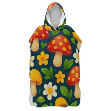 Imagem de TSENQUE Roupão fofo com cogumelos vermelhos amarelos para adultos, poncho de surfe, toalha de banho com capuz, poncho masculino vestível com capuz