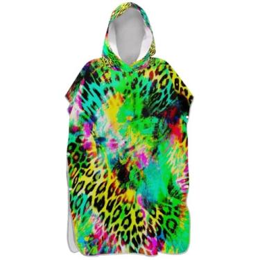 Imagem de Joisal Poncho de surf neon com estampa de animais coloridos para adultos roupão com capuz toalha de banho bonito reutilizável feminino ponchos com capuz