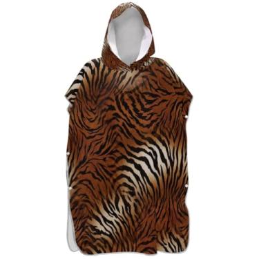 Imagem de Joisal Poncho de surfe listrado marrom com estampa de tigre para trocador de roupa de banho com capuz bonito reutilizável unissex poncho adulto com capuz
