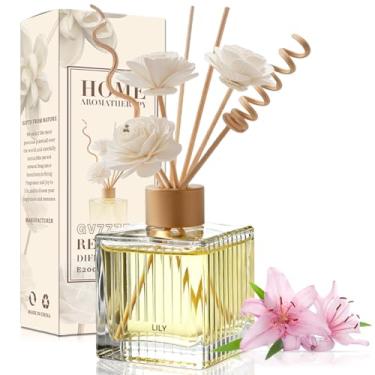 Imagem de Conjunto de difusor de palheta de lírio de 200 ml – frasco de vidro com 4 varas de vime naturais e 3 flores secas | Fragrância elegante para casa, quarto, sala de estar, escritório | Perfume ajustável