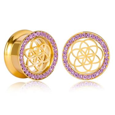 Imagem de Atomhole Plugues de calibre de orelha de padrões vazados com zircônia cúbica, túneis traseiros de aço inoxidável, hipoalergênicos 0 g 00 g, expansor de orelha, joias de piercing corporal (8 mm-16 mm)