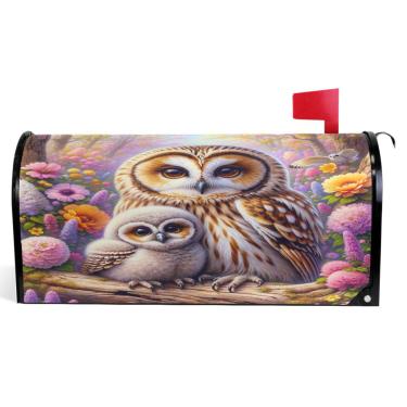Imagem de TSENQUE Corujas flores jardim magnético caixas de correio decorativas vinil caixa de correio envoltório verão férias à prova de intempéries decoração caixa de correio tamanho grande 64,5 x 52,8 cm
