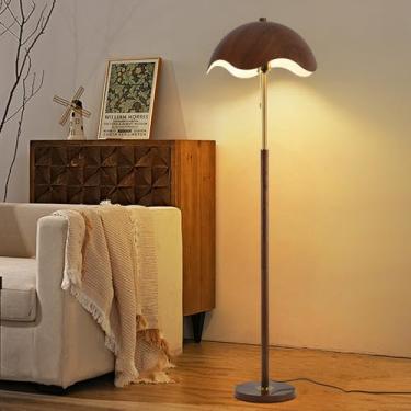 Imagem de Luminária de chão moderna com acabamento em madeira - Luminária alta em formato de casca de ovo com corpo em ferro dourado, soquete E27, dimmer de 3 cores, interruptor de pé - Perfeita para