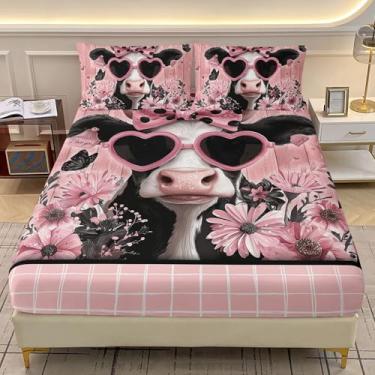 Imagem de AILONEN Jogo de cama casal fofo de vaca leiteira, animal de fazenda rústico, desenho animado e 2 fronhas - Jogo de cama floral rosa com 3 peças para meninas e adolescentes