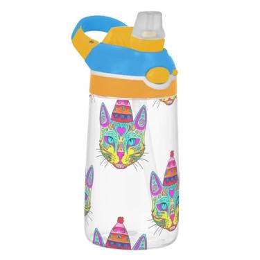 Imagem de Garrafa de água colorida branca chique infantil Tritan 473 ml Garrafa de água esportiva reutilizável com tampa de canudo 473 ml copo infantil portátil à prova de vazamento, alça de transporte