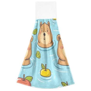 Imagem de Joitme Toalhas de mão azuis capivara fofas com laço para pendurar toalhas de gravata de banheiro altamente absorventes conjunto de 2, toalha de mão de cozinha fofa 18,2 x 14 polegadas