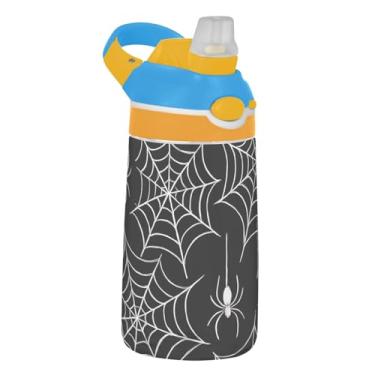 Imagem de White Spiders Webs Garrafa de água infantil preta com canudo 473 ml 473 ml Garrafa de água esportiva Tritan à prova de vazamento, copo de bebida reutilizável infantil, portátil, alça de transporte