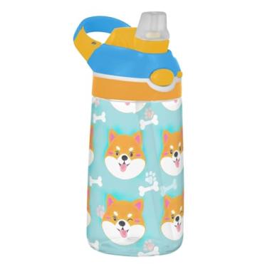 Imagem de Linda garrafa de água infantil azul Shiba Inu Dog com canudo 473 ml 473 ml Tritan Sports garrafa de água à prova de vazamento, copos de viagem portáteis para crianças, reutilizáveis, alça de