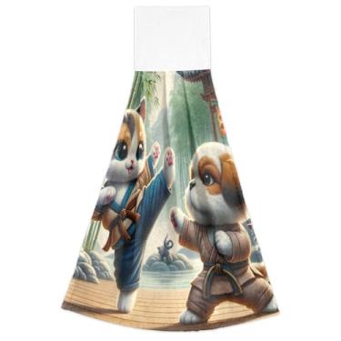 Imagem de Joitme Toalhas de cozinha de mão com laço para pendurar Kung Fu gato cachorro forno conjunto de 2, toalha de cozinha altamente absorvente para decoração de casa, 46 x 35 centímetros