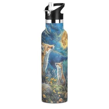 Imagem de Joisal Garrafa de água Fantasy Mystical Fox com tampa de palha, garrafas de água isoladas de aço inoxidável para meninos e adolescentes, copos infantis à prova de vazamento de parede dupla de 590 ml