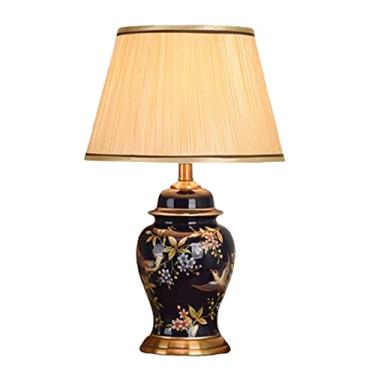 Imagem de Abajur de mesa retrô americano em cerâmica com cúpula de tecido, abajur de mesa chinês em cerâmica pintada com pássaros e flores, abajur de cabeceira para quarto ou sala de estar.