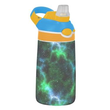 Imagem de Garrafa de água infantil Cool Cosmic Nebula Green com canudo 473 ml Tritan 473 ml Garrafa de água de plástico portátil à prova de vazamento, reutilizável, alça de transporte