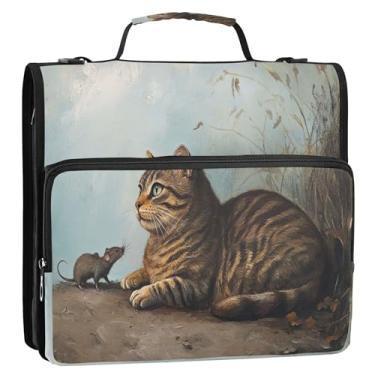 Imagem de Fichário vintage de gato malhado marrom com zíper, com alça, organizador escolar