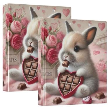 Imagem de Fichários de 3 anéis para presente de coração de coelhinho fofo personalizado, 3 anéis, 200 folhas, anel redondo fofo, fichário resistente, 31,5 x 27 x 6 cm, pacote com 2