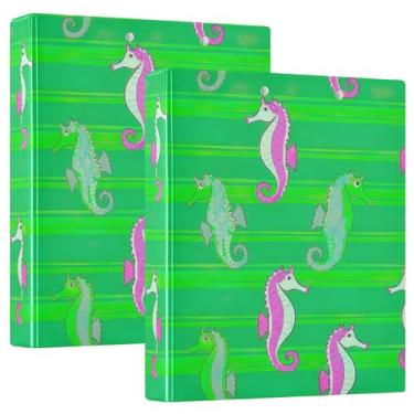Imagem de Fichários de três anéis verdes de cavalos-marinhos rosa personalizados com 3 cm comporta 200 folhas, portfólio, fofo, anel redondo, fichário de apresentação, 31,5 x 27 x 6 cm, pacote com 2
