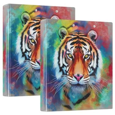 Imagem de Fichários de 3 anéis coloridos pintados com tigre personalizado, 3 anéis, 200 folhas, 3 pastas de anéis, fichário de escritório com anel redondo, 31,5 x 27 x 6 cm, pacote com 2