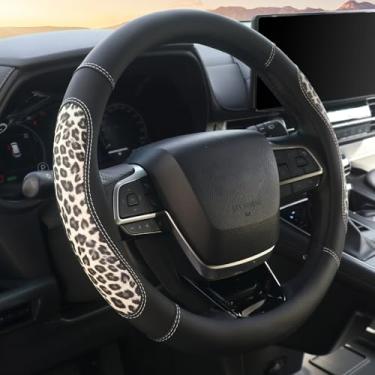 Imagem de KAFEEK Capa de volante leopardo, universal de 36,8 a 38 cm, protetor de volante de couro automotivo, antiderrapante, respirável, acessórios de carro de guepardo, preto