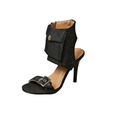 Imagem de Botas de boca de peixe sandálias femininas com bolso jeans costas nuas para o verão casual, Preto, 35