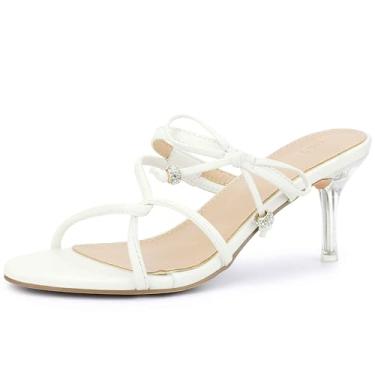 Imagem de Perphy Sandália de salto com nó de laço, sem cadarço, bico aberto, salto agulha com tiras e strass para mulheres, Branco, 41