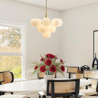 Imagem de Lustre Globo Ajustável para Sala de Estar, Luminária Decorativa, Luminária Pendente Meados do Século com Cúpula de Vidro Branco Leitoso, Luminária Pendente Moderna Dourada Estilo Sputnik par