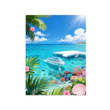 Imagem de Pôster paisagem - Flores barco marítimo - Impressões em Tela - Imagem Moderna Natureza para Sala de Estar Decoração 70x90cm Sem Moldura