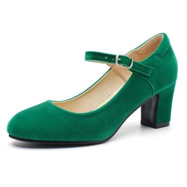Imagem de Sapato feminino Mary Jane escarpins, salto bloco, bico redondo, tira no tornozelo com fivela, 6 cm escritório igreja sapatos sociais, Veludo verde esmeralda, 39