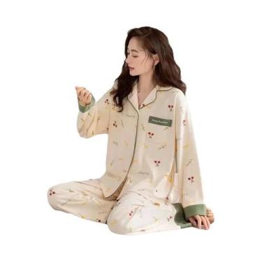 Imagem de Pijamas De Algodão Para Mulheres Em Tamanho Grande, Conjunto De Camisa