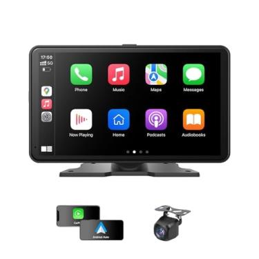 Imagem de Tela Carplay para carro com câmera de painel 4K, portátil sem fio A-pple CarPlay e Android Auto Touchscreen com câmera de backup 1080P, link espelhado/Bluetooth/navegação GPS/Siri/FM para todos os