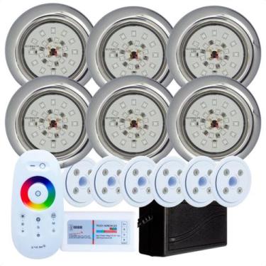 Imagem de Kit 6 Refletores Led 18w RGB Inox e Comando para Iluminação Piscina Vi