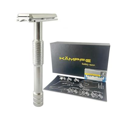 Imagem de Navalha de barbear KAMPFE Navalha de segurança CNC de alumínio com borda dupla — contém 5 lâminas. Ângulo de barbear fixo perfeito com rigidez superior da lâmina. Lâminas de lâmina única reutilizáveis