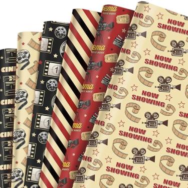 Imagem de Conjunto de papel de embrulho de cinema vintage exclusivo para noite de cinema, conjunto de 6 folhas em 6 modelos, agora exibido, cinema, carretel de filme clássico, padrões de ingressos de teatro