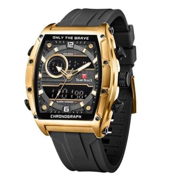 Imagem de TEARTRACE Relógio masculino analógico digital à prova d'água, cronógrafo masculino com alarme, cronômetro luminoso, pulseira de silicone para vestido esportivo, Dourado