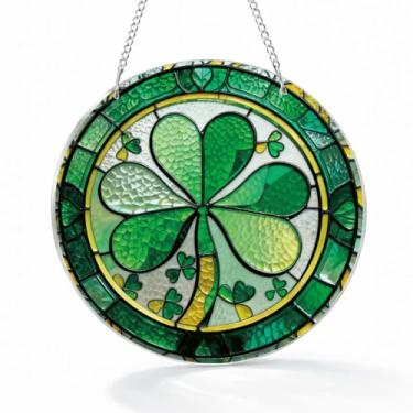 Imagem de Decoração de Dia de São Patrício, arte de janela acrílica, apanhador solar para pendurar em acrílico, enfeites de duende para árvore de Natal, decoração de casa irlandesa para jardim interno e externo